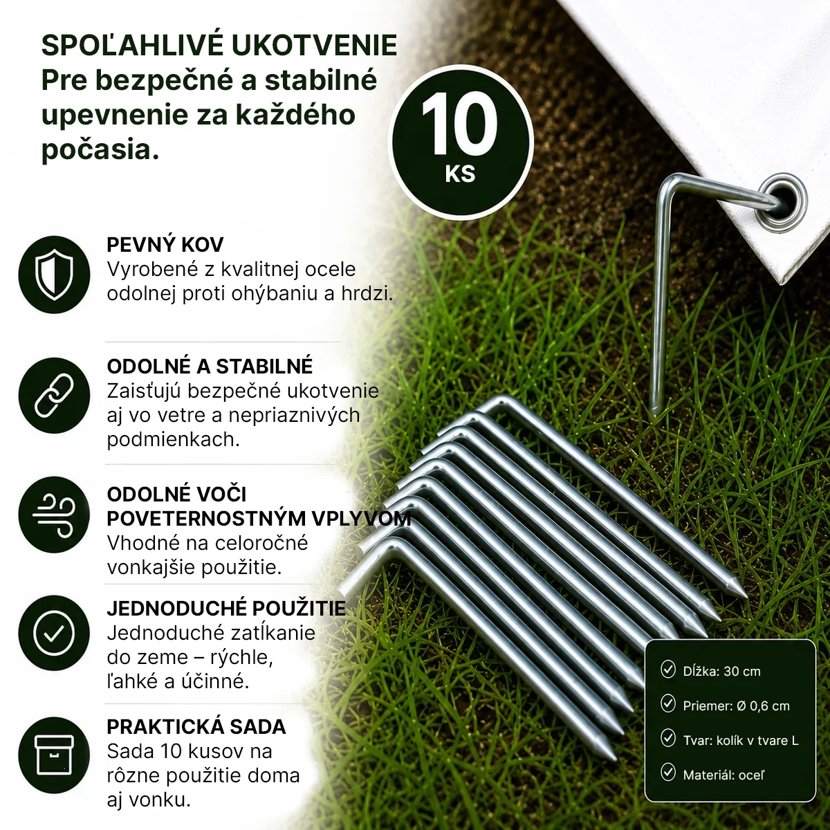 Kovové upínacie kolíky na stany a plachty 30 cm – 10 ks