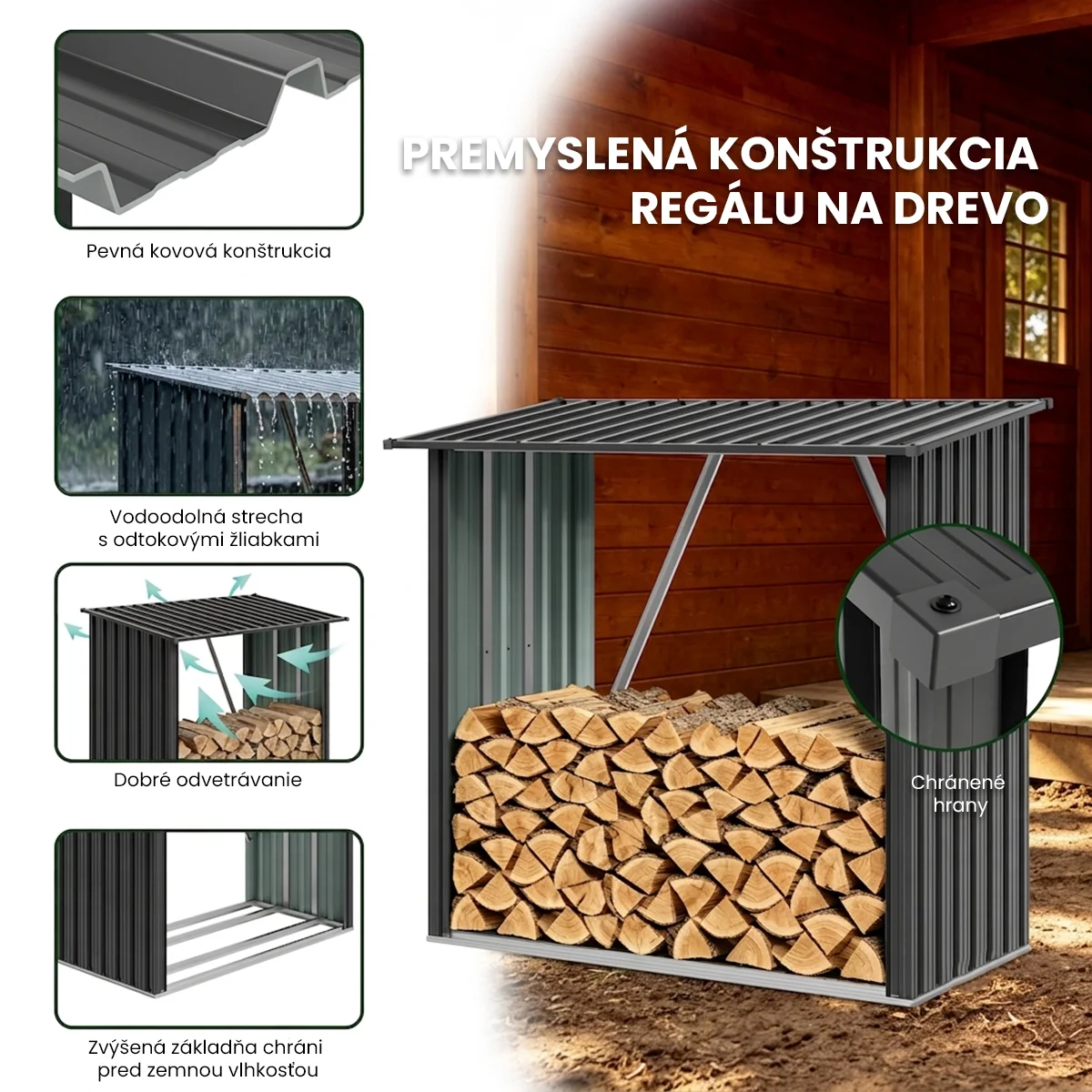 Kovový prístrešok na drevo Premium 89 × 163 × 154 cm (1,5 m²)