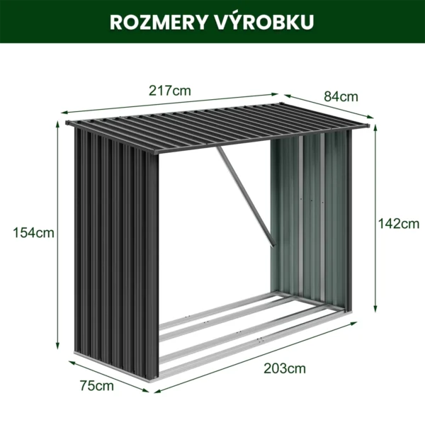Kovový prístrešok na drevo Premium 84 × 217 × 154 cm (1,9 m²)